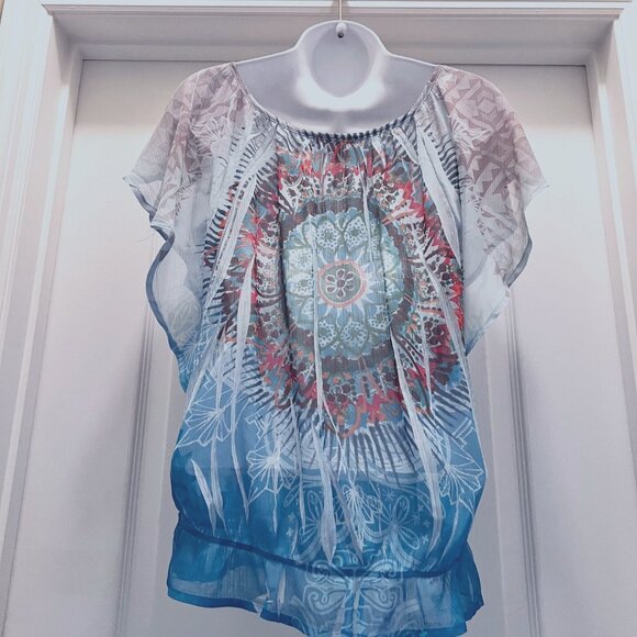 Bongo-Women's Sheer Short Flowy Sleeves Top-Necklace Built in-Med-Blue Boho - Picture 14 of 16